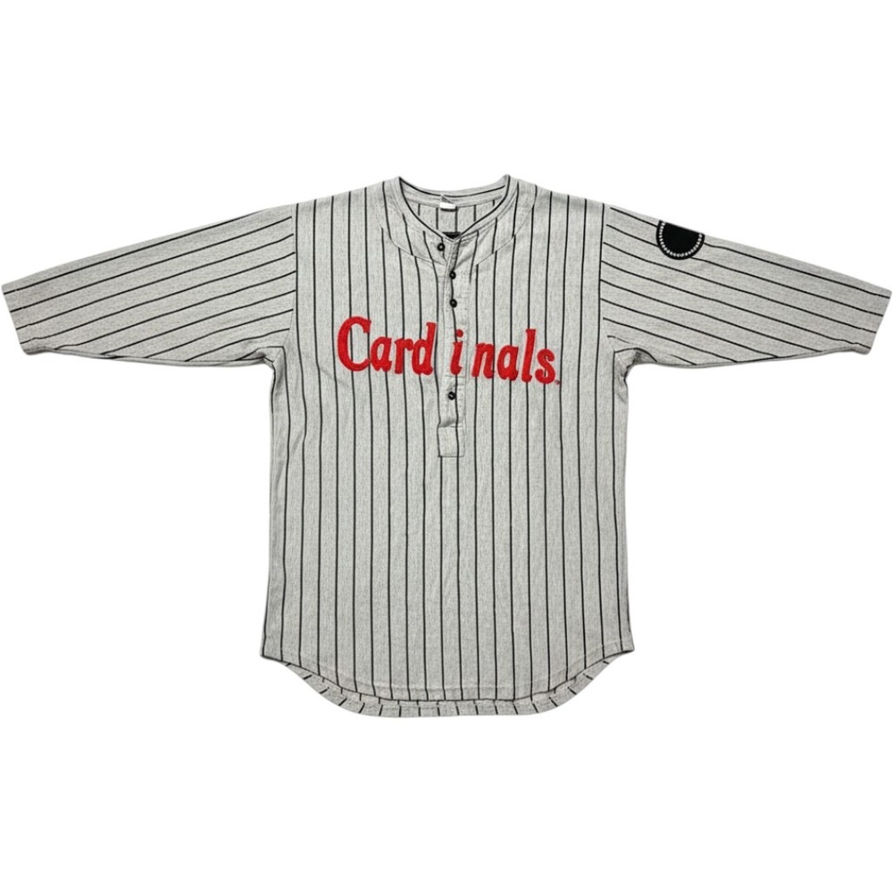 MLB St Louis Cardinals Grey Pinstripe Henley Jersey Fabick 100 Year Patch XL